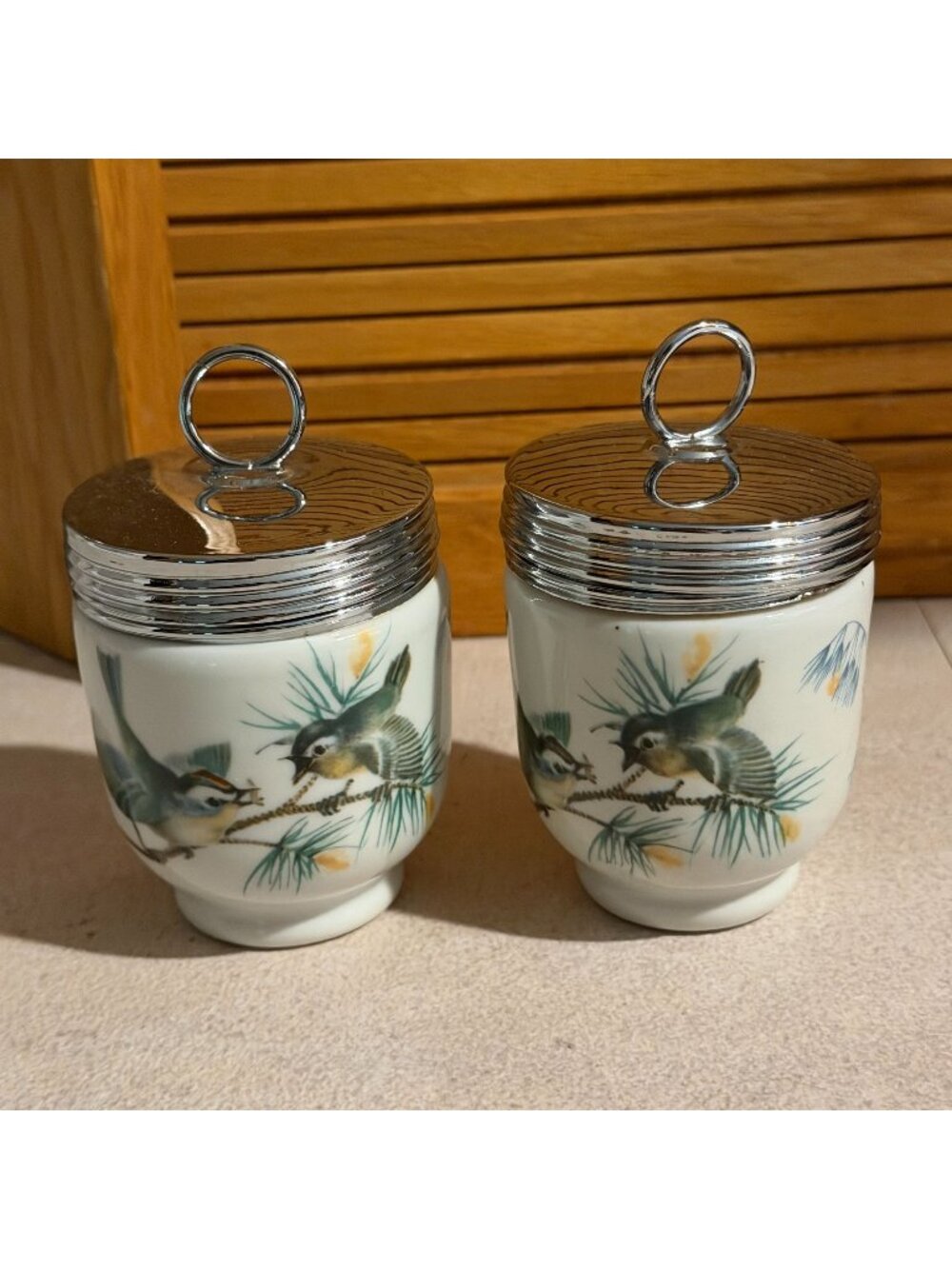Vintage Royal Worcester 4.5" Egg Coddlers Woodland Birds Set/2 Type 7 Backstamp